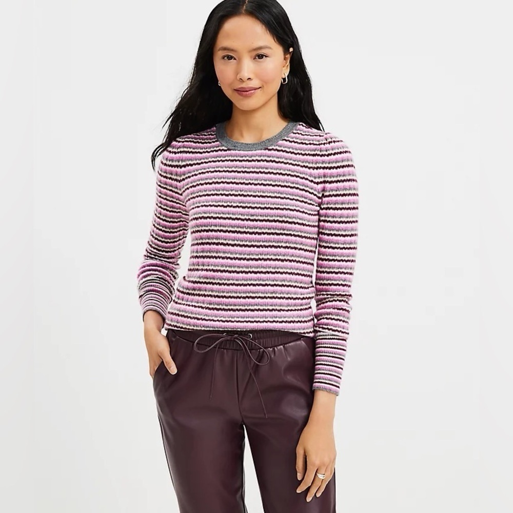 LOFT Textured Striped Puff Sleeve Sweater Small
